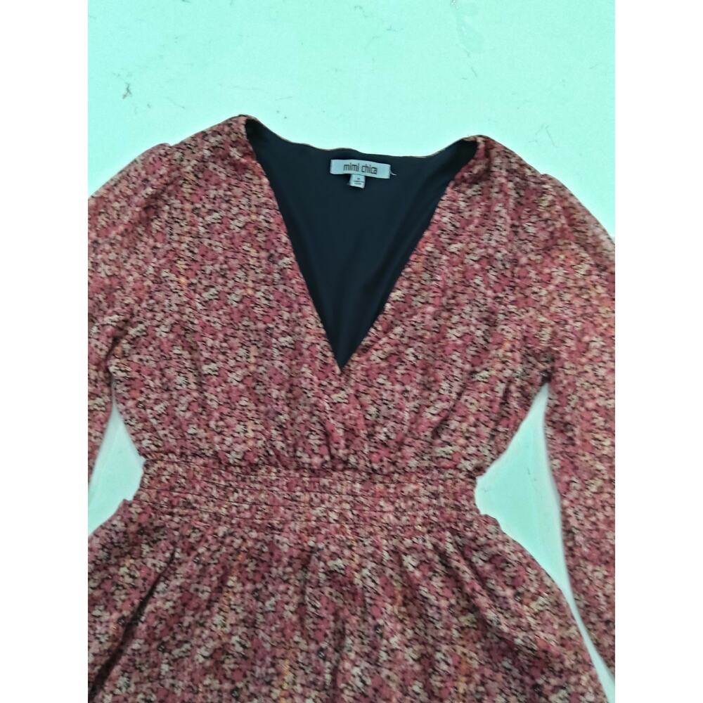 Coquette burgundy/pink Ditzy Floral dress mock waist, tiered Romantic Boho sheer - Picture 5 of 8